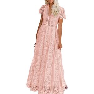 Aakaa Peach Floral Lace Maxi Dress V-Neck Crochet Trim Short Sleeve DA23811AV M